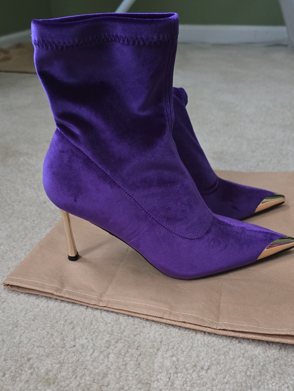 Purple Velvet Pointed Toe Stiletto Ankle Boots with Gold-Tone Toe